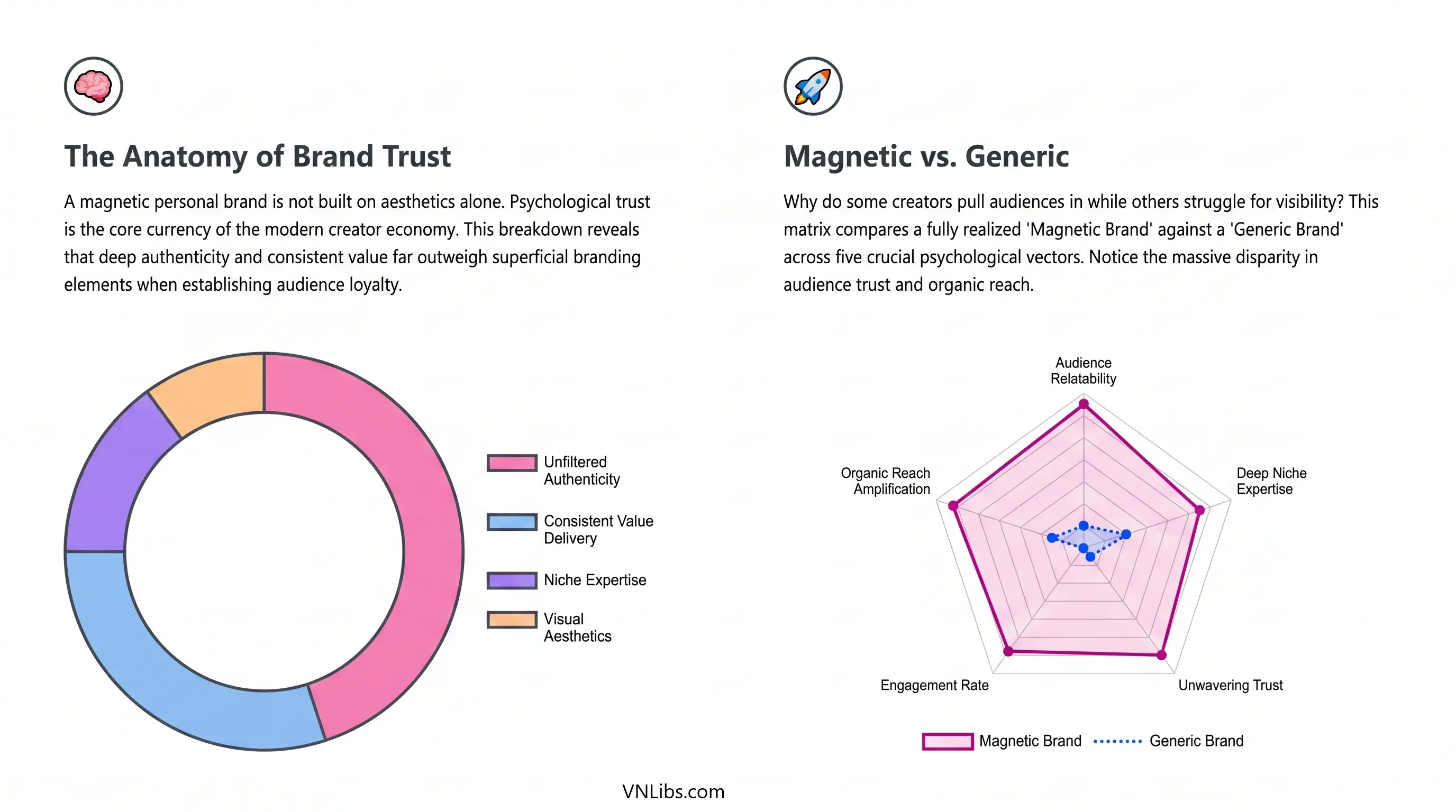 The Psychology of Magnetic Personal Branding in the Creator Economy Infographic illustrating the Anatomy of Brand Trust donut chart and a radar chart comparing a Magnetic Brand versus a Generic Brand across five psychological vectors.